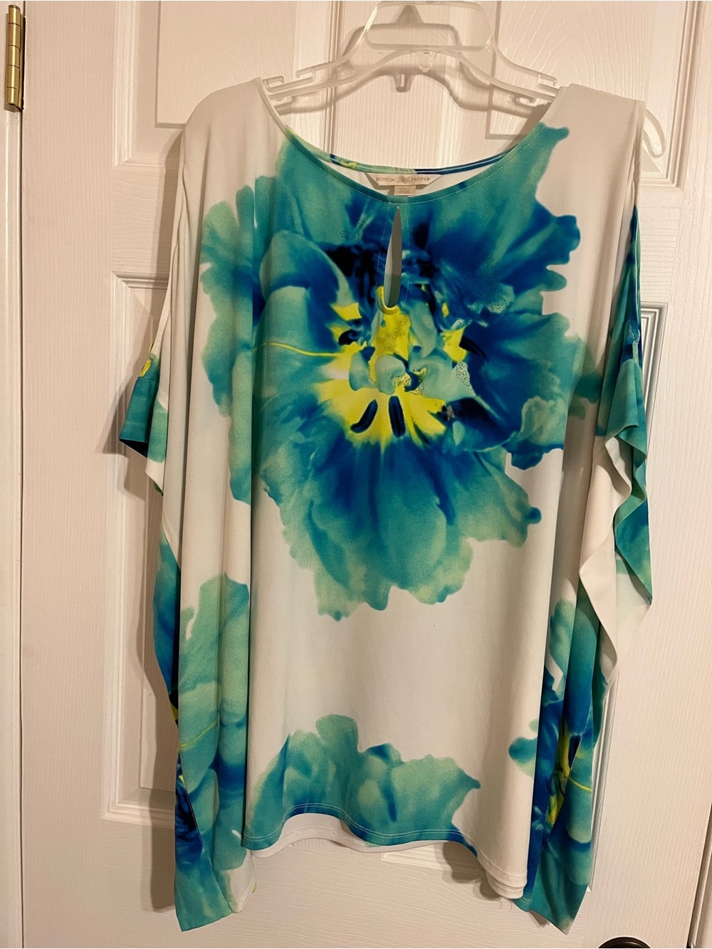 Boston Proper White Tunic with Teal & Yellow Floral Print